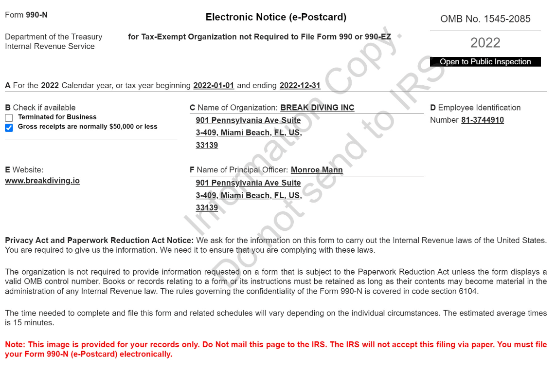 2022 IRS Form 990-N informational record copy