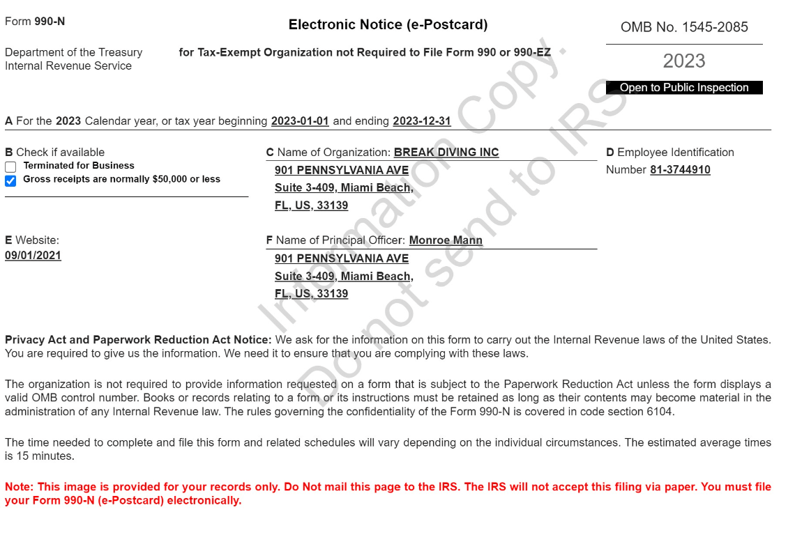 2023 IRS Form 990-N informational record copy