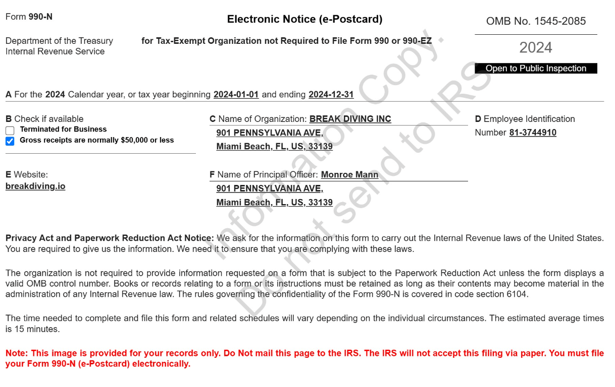 2024 IRS Form 990-N informational record copy