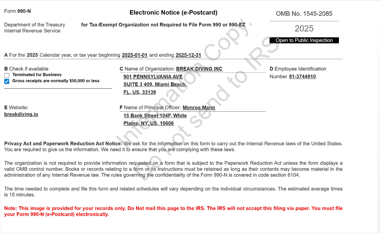 2025 IRS Form 990-N informational record copy